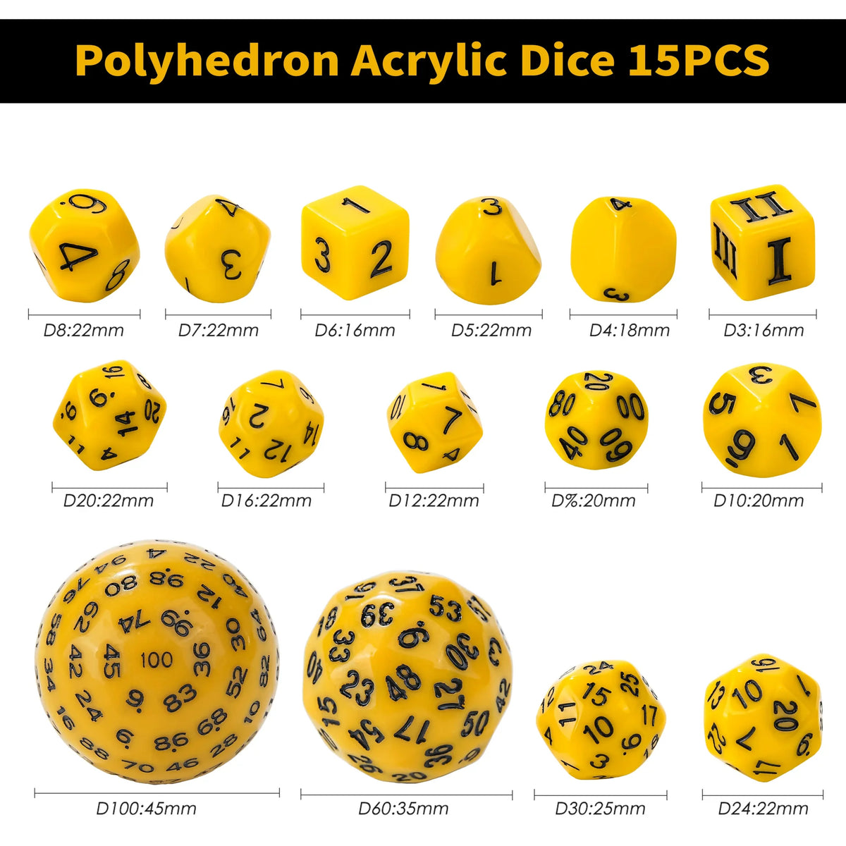 Piece Polyhedron Acrylic D100 Dice Set – D100 - 15pcs Yellow Acrylic Polyhedron Dice Set