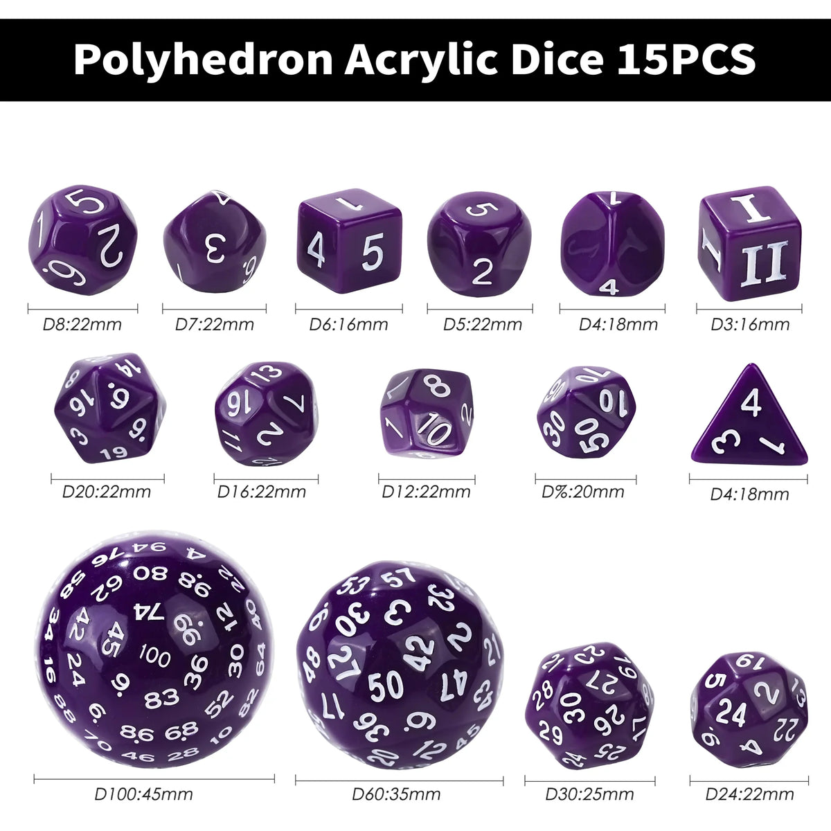 Pieces Acrylic D100 Dice Set – D100 Dice Set – 15 Pieces Purple Acrylic Polyhedral Dice