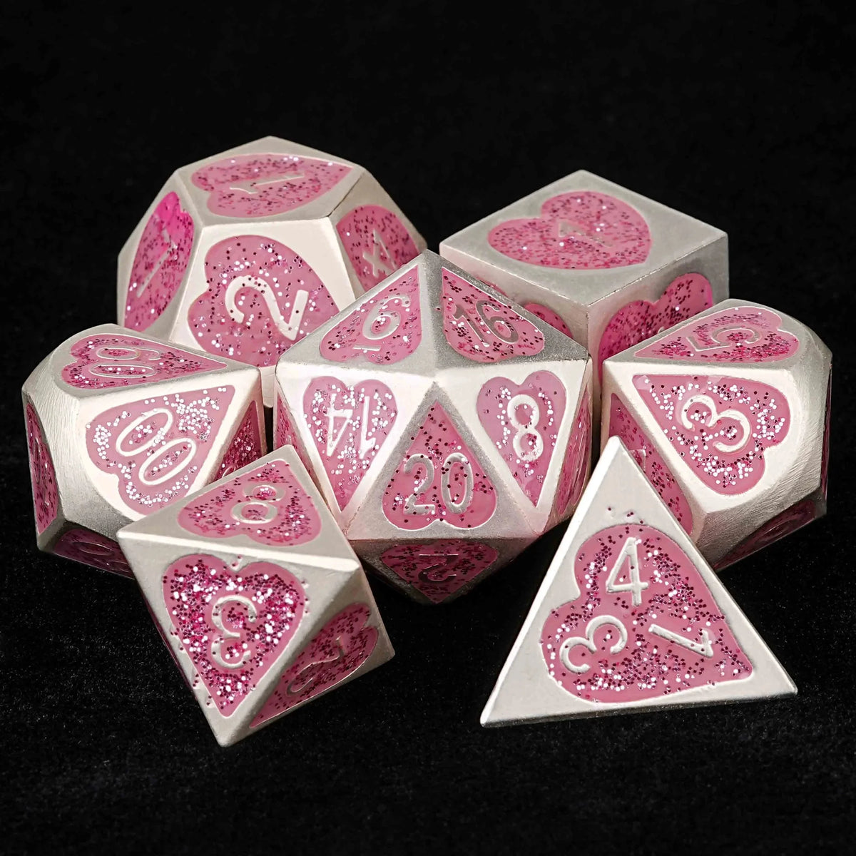 Pink Glitter Heart Metal DND Dice Set – Pink Glitter Heart Love Metallic DND Dice Set