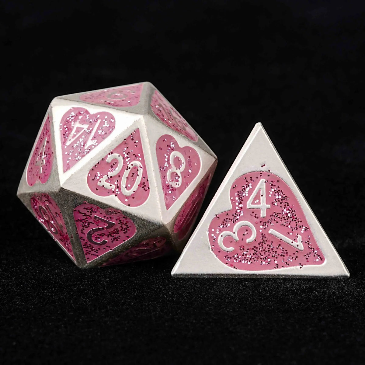Pink Glitter Heart Metal DND Dice Set – Pink Glitter Heart Love Metallic DND Dice Set