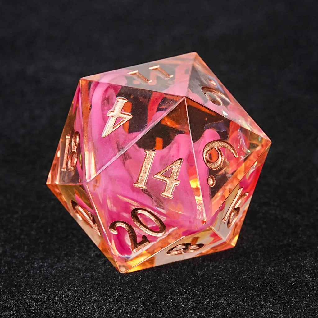 Pink Swirl Resin DND Dice Set – Gold Numbers – Pink Swirl Resin Love DND Dice Set + Gold Font