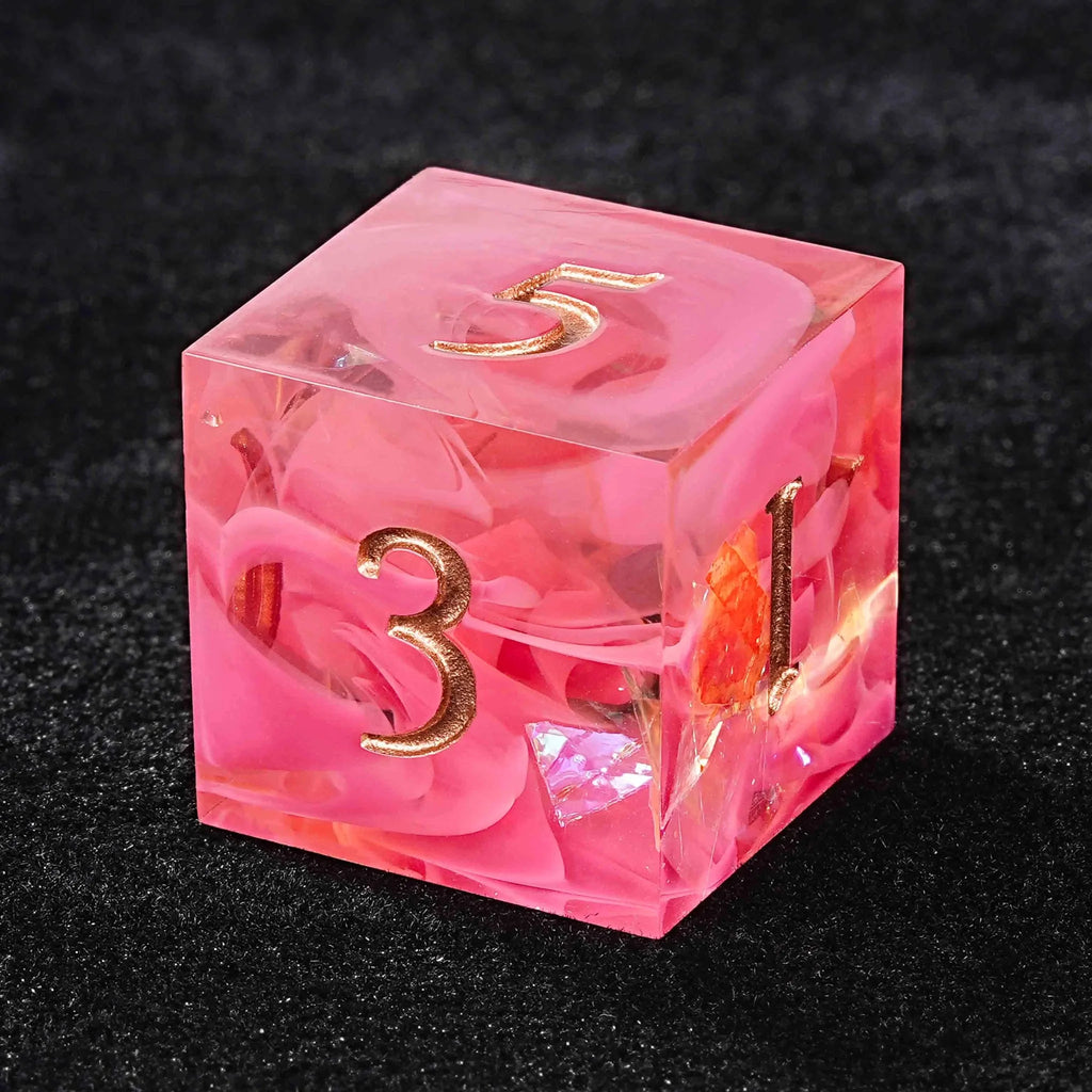 Pink Swirl Resin DND Dice Set – Gold Numbers – Pink Swirl Resin Love DND Dice Set + Gold Font