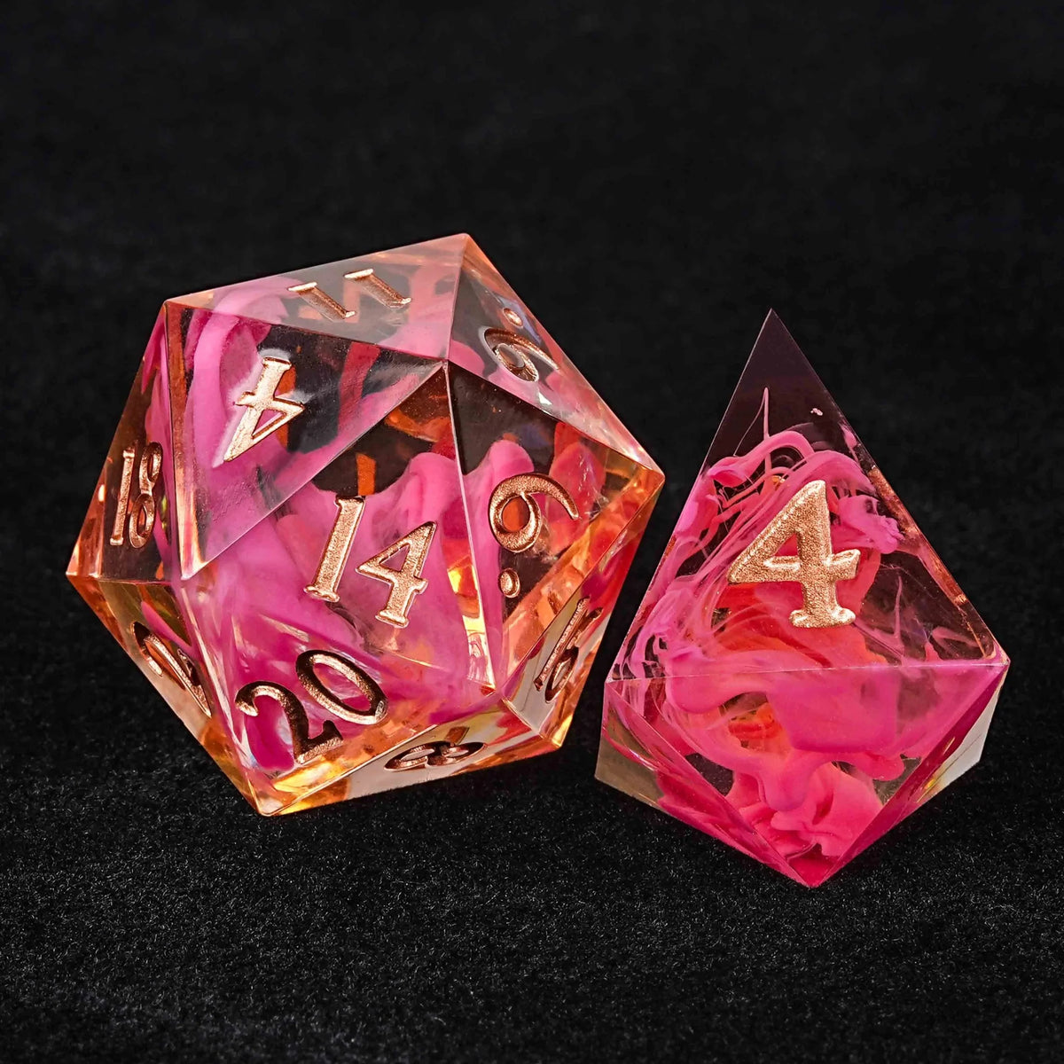 Pink Swirl Resin DND Dice Set – Gold Numbers – Pink Swirl Resin Love DND Dice Set + Gold Font