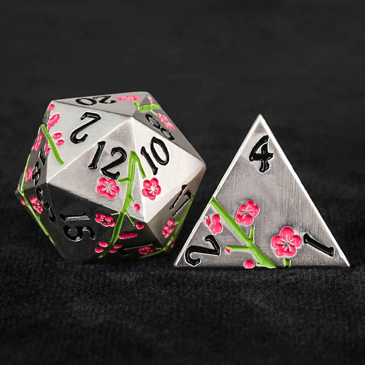 Plum Blossom Metal DND Dice Set – Silver metal DND D20 and D4 dice, hand-painted with red clubs, green branches, and
