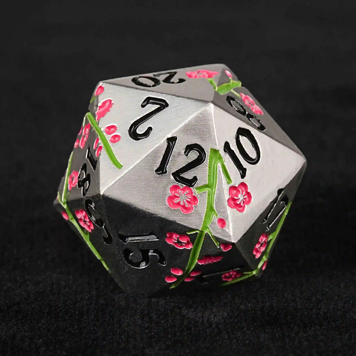 Plum Blossom Metal DND Dice Set – Silver metal DND D20 dice with hand-painted red clubs, green branches, and black