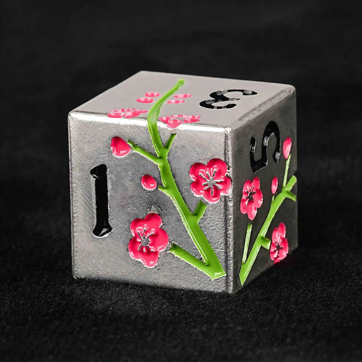 Plum Blossom Metal DND Dice Set – Silver metal DND D6 dice, hand-painted with red clubs, green branches, and black