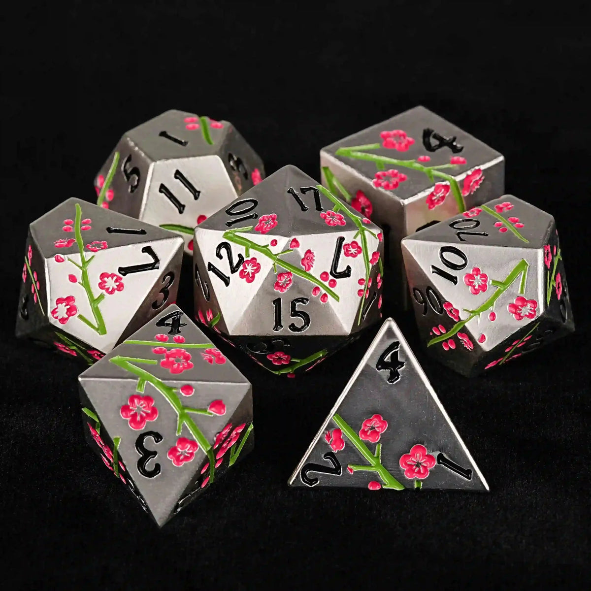 Plum Blossom Metal DND Dice Set – Silver metal DND dice set, hand-painted with red plum blossoms, green branches, and
