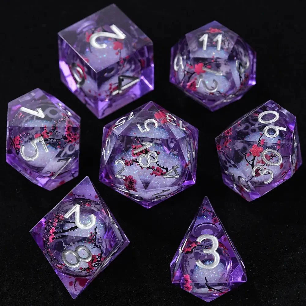 Plum Blossom Resin Sharp Edge Dice Set – Gold Numbers – Sharp - edged plum blossom resin DND dice set + gold numbers