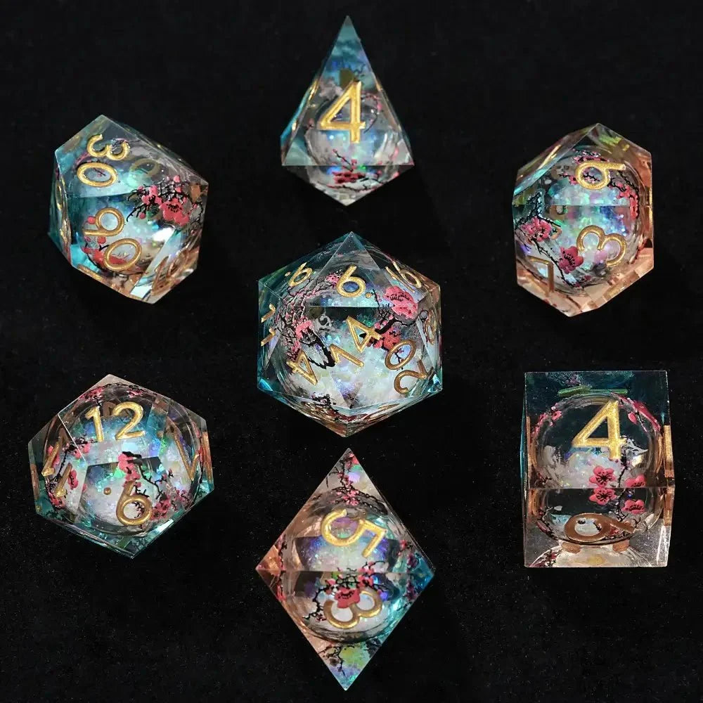 Plum Blossom Resin Sharp Edge Dice Set – Gold Numbers – Sharp - edged plum blossom resin DND dice set + gold numbers