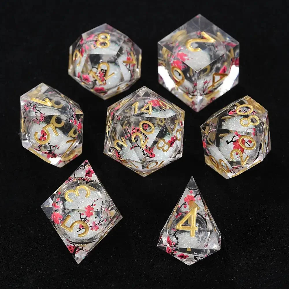 Plum Blossom Resin Sharp Edge Dice Set – Gold Numbers – Sharp - edged plum blossom resin DND dice set + gold numbers