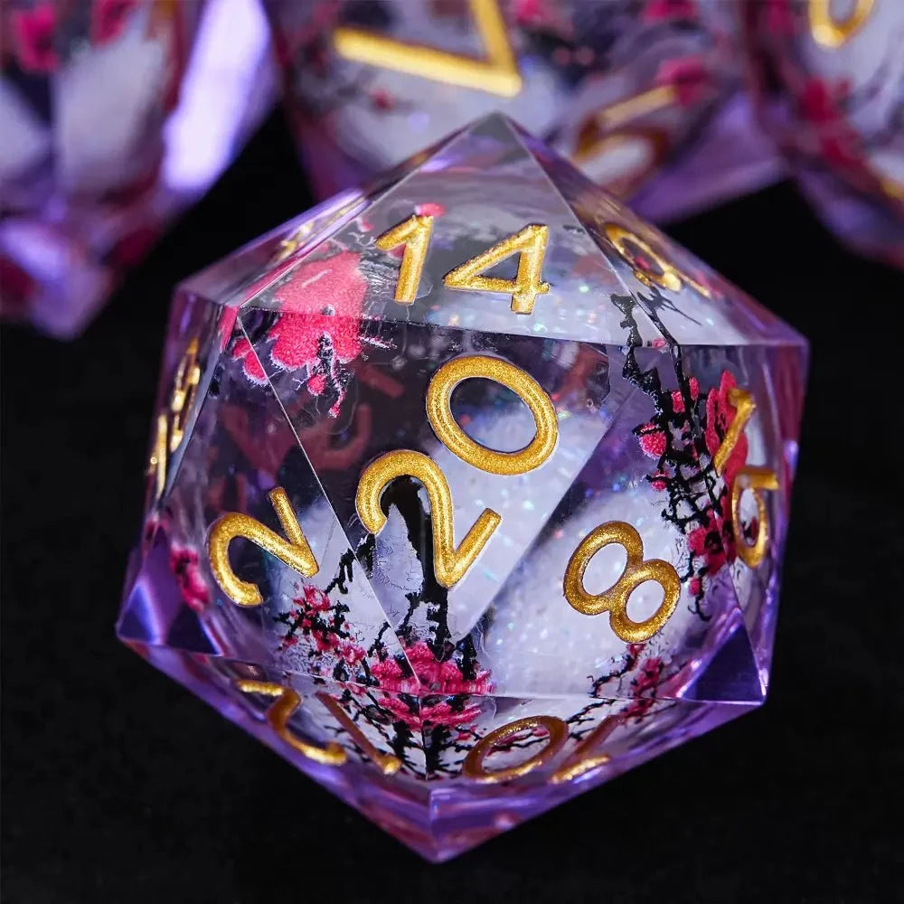 Plum Blossom Resin Sharp Edge Dice Set – Gold Numbers – Sharp - edged plum blossom resin DND dice set + gold numbers
