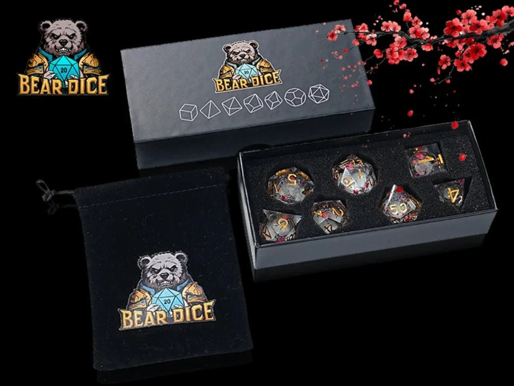 Plum Blossom Resin Sharp Edge Dice Set – Gold Numbers – Sharp - edged plum blossom resin DND dice set + gold numbers