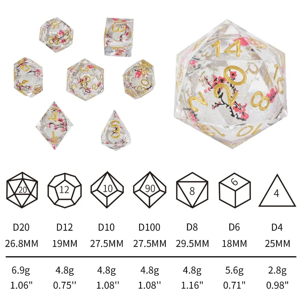 Plum Blossom Resin Sharp Edge Dice Set – Gold Numbers – Sharp - edged plum blossom resin DND dice set + gold numbers