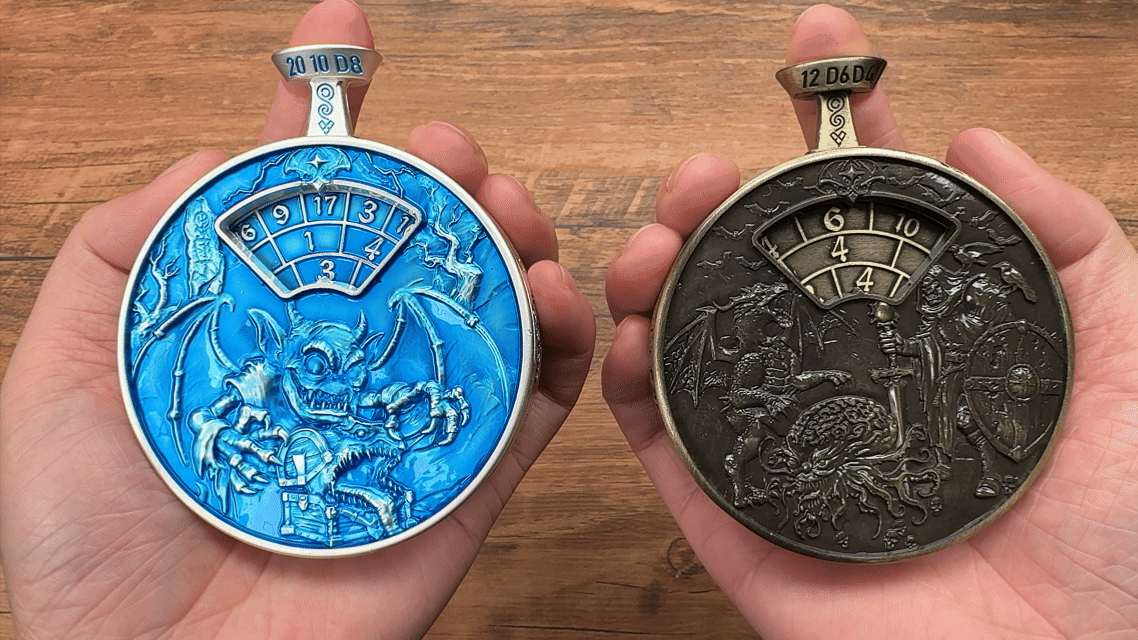 Pocket Watch Metal Spinner Dice Set – Unique metal DND rotating dice pocket watch; press a button to determine the dice