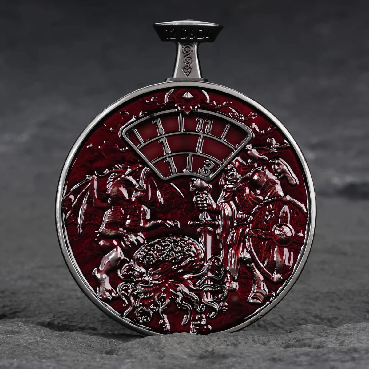 Pocket Watch Metal Spinner Dice Set – Unique 7-in-1 Black Nickel Red Metal DND Spinning Dice Pocket Watch Reverse View