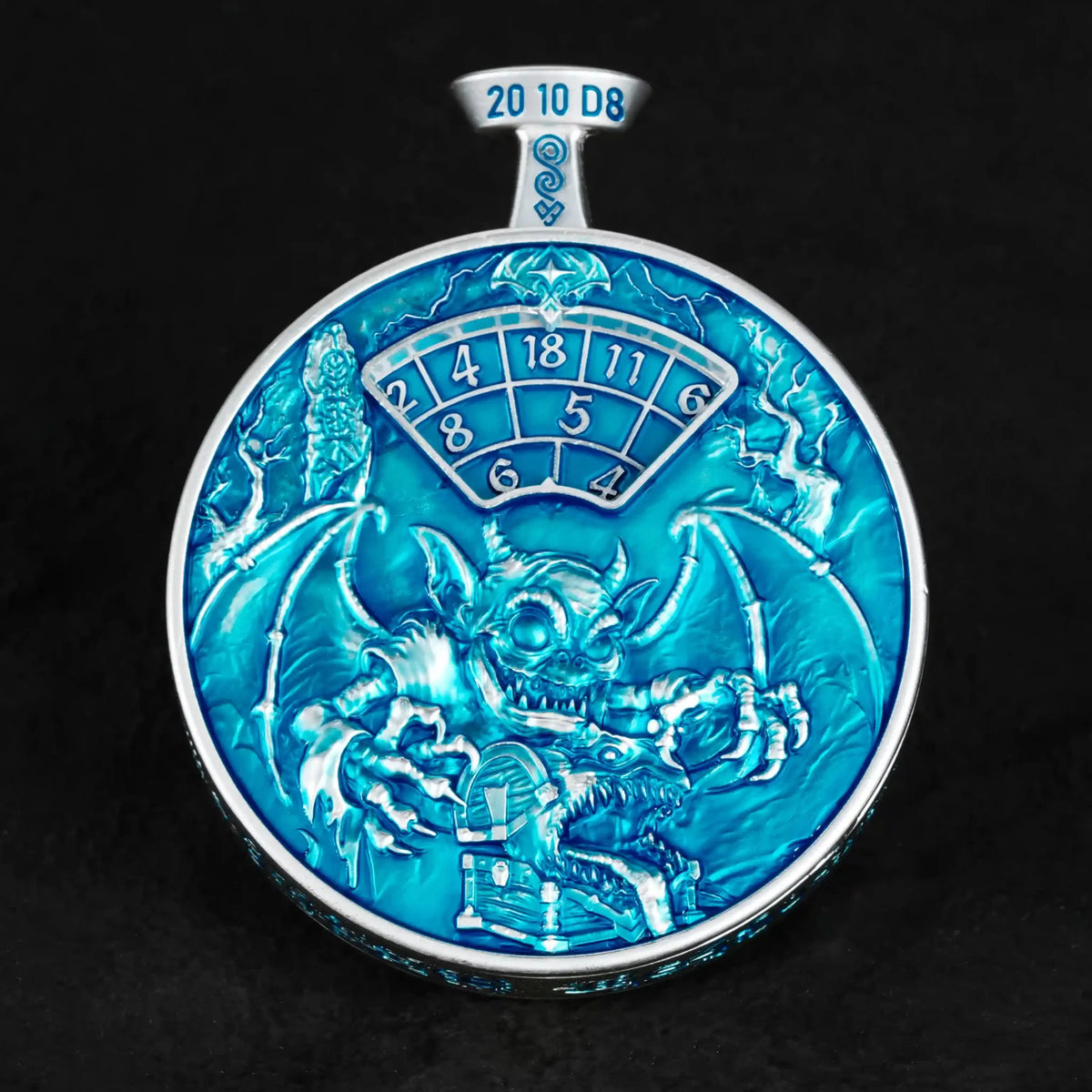 Pocket Watch Metal Spinner Dice Set – Unique 7-in-1 Blue Metal DND Spinning Dice Pocket Watch Front View: Embossed