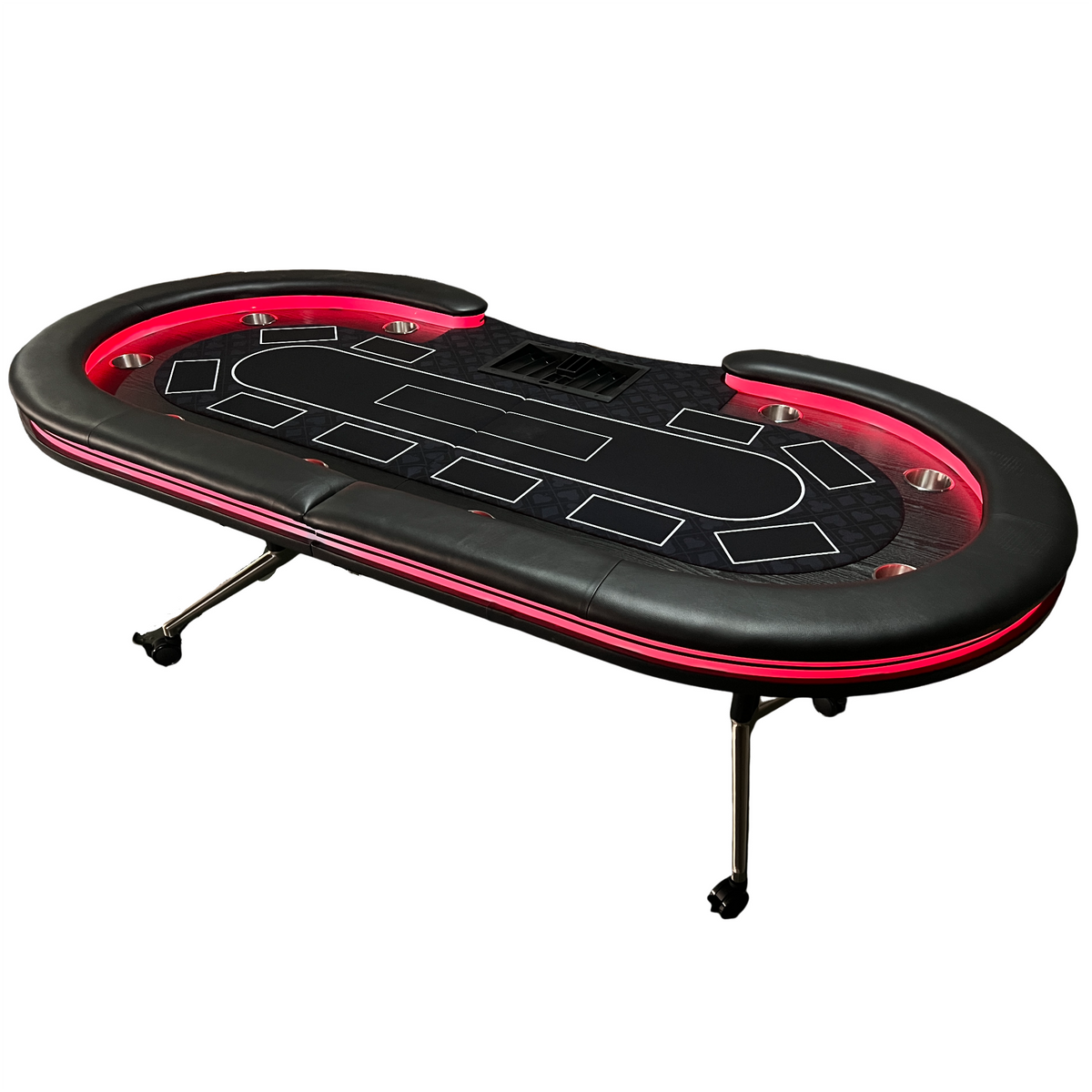Poker Gaming Table – Led Light – 94-Inch Black Foldable Mobile Poker Table with Red LED Lights and Wheeled Legs, Seats