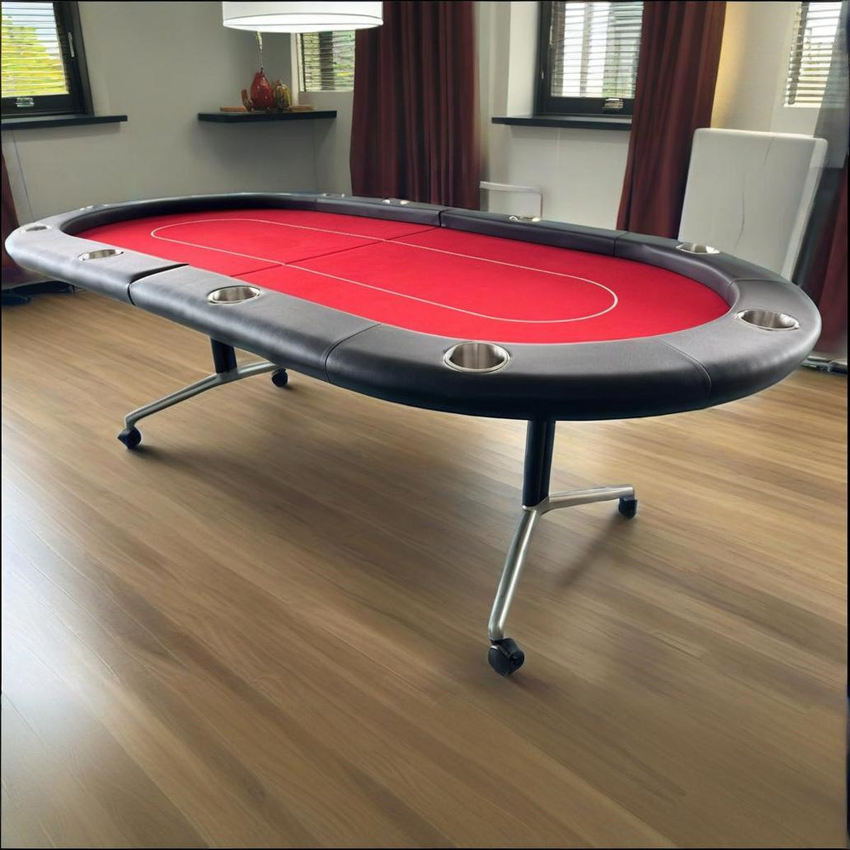 Poker Gaming Table – Metal – Suitable Players – 94-inch red oval foldable metal poker table with casters, suitable for
