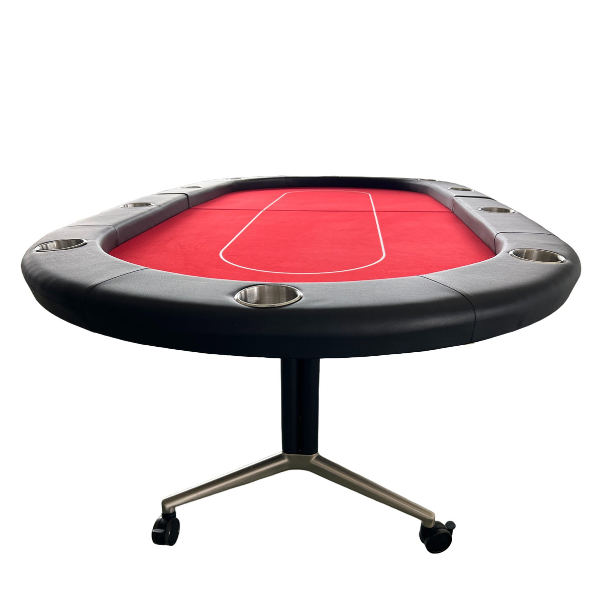 Poker Gaming Table – Metal – Suitable Players – Red felt oval foldable casino poker table (with casters), with 10 cup