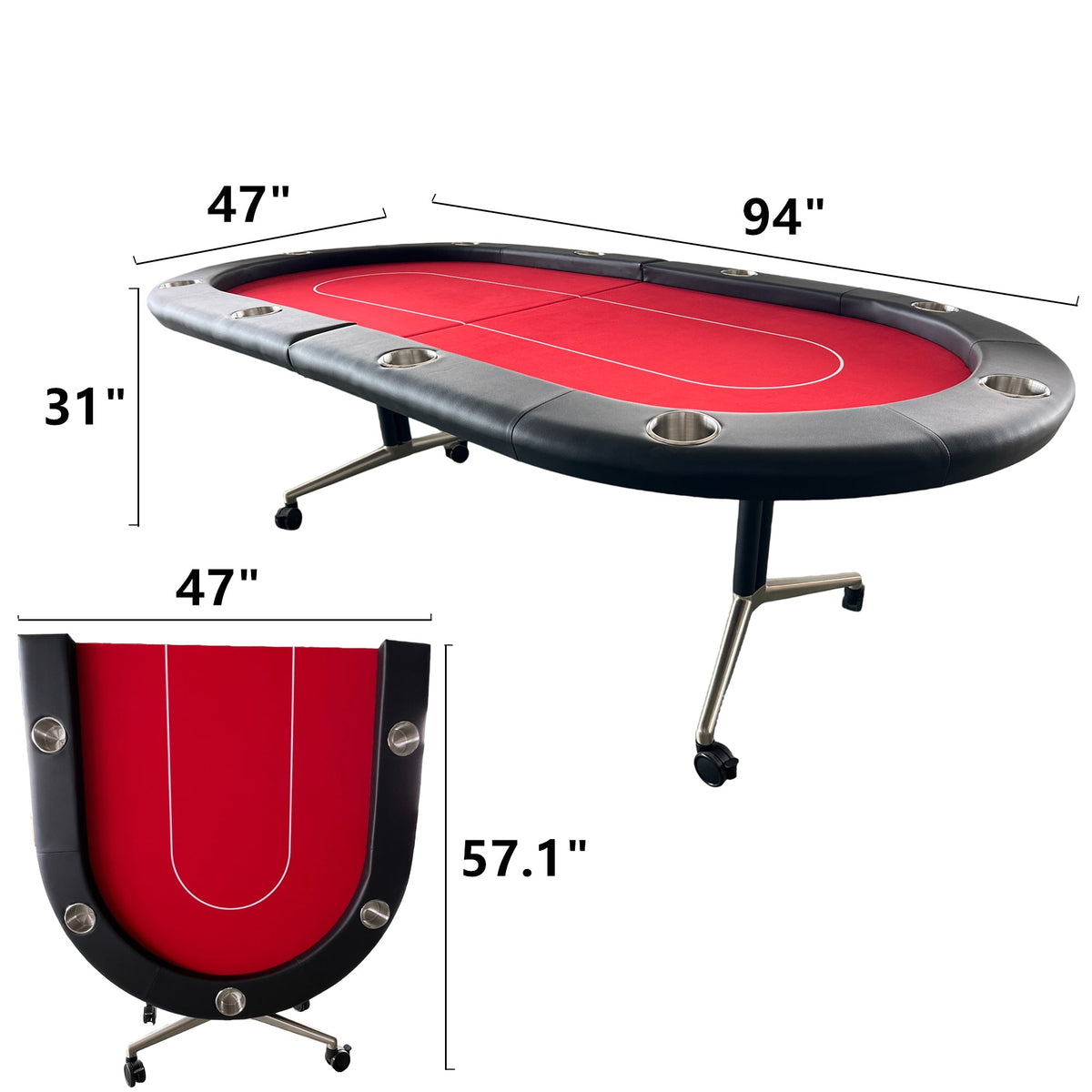 Poker Gaming Table – Metal – Suitable Players – Red oval foldable metal poker table (with casters) Dimensions: 94