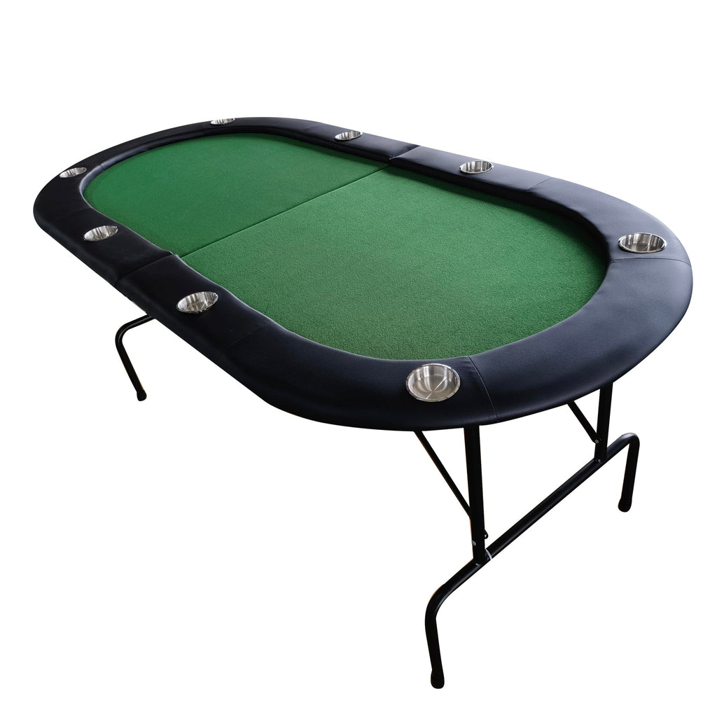 Poker Gaming Table – Oval Foldable – Green Oval Foldable Poker Table with 8 Stainless Steel Cup Holders, Black Rim, and
