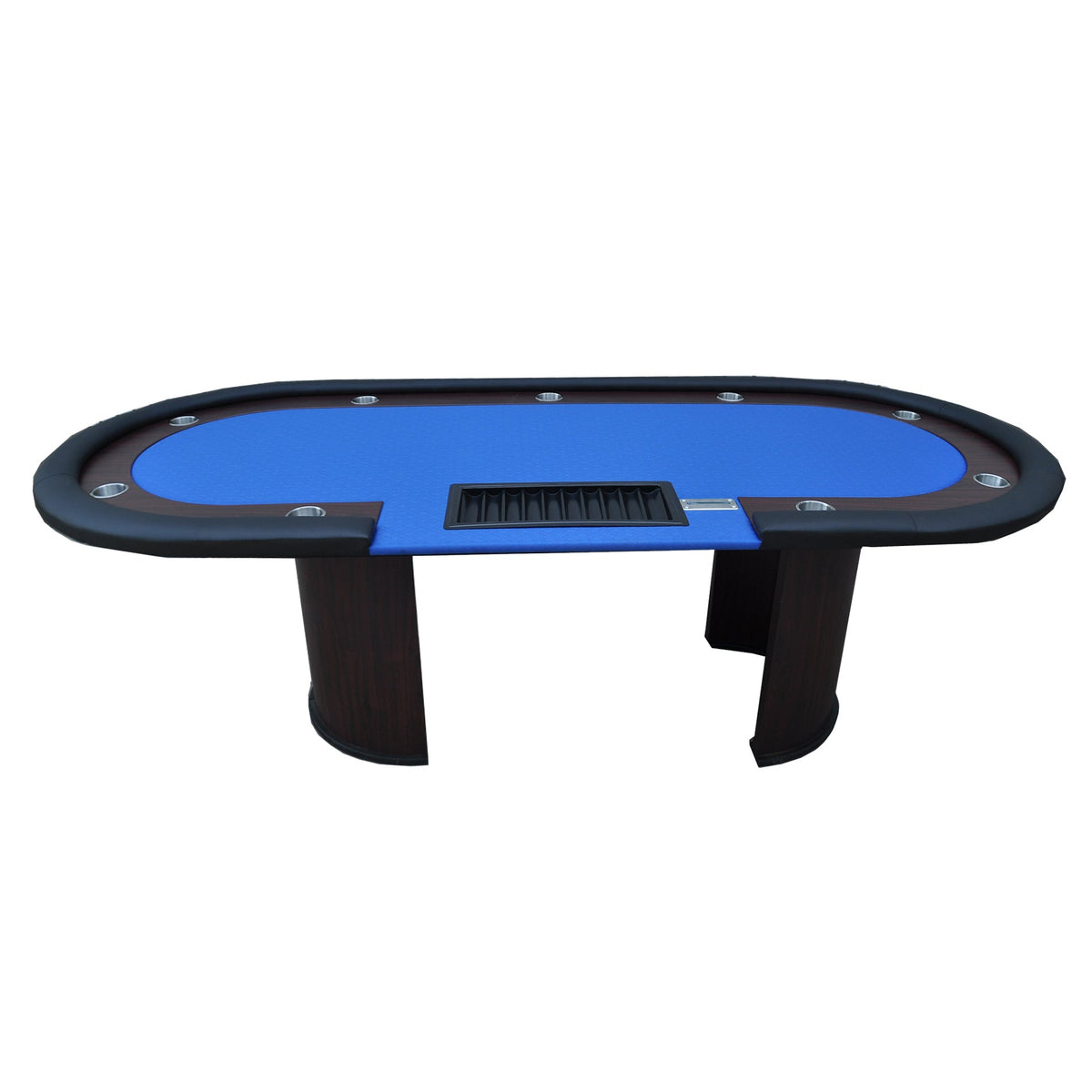 Poker Gaming Table – Shaped Legs – 96-inch blue felt casino poker table with U-shaped legs, seating 9 players and 1