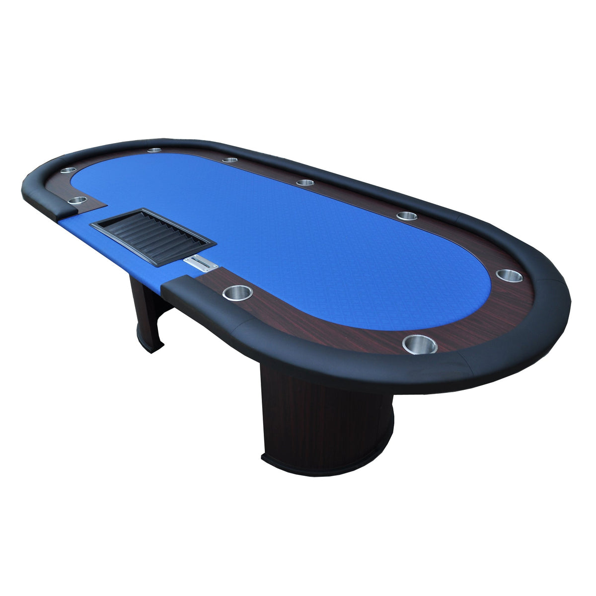Poker Gaming Table – Shaped Legs – 96-inch blue felt casino poker table with U-shaped legs, seating 9 players and 1