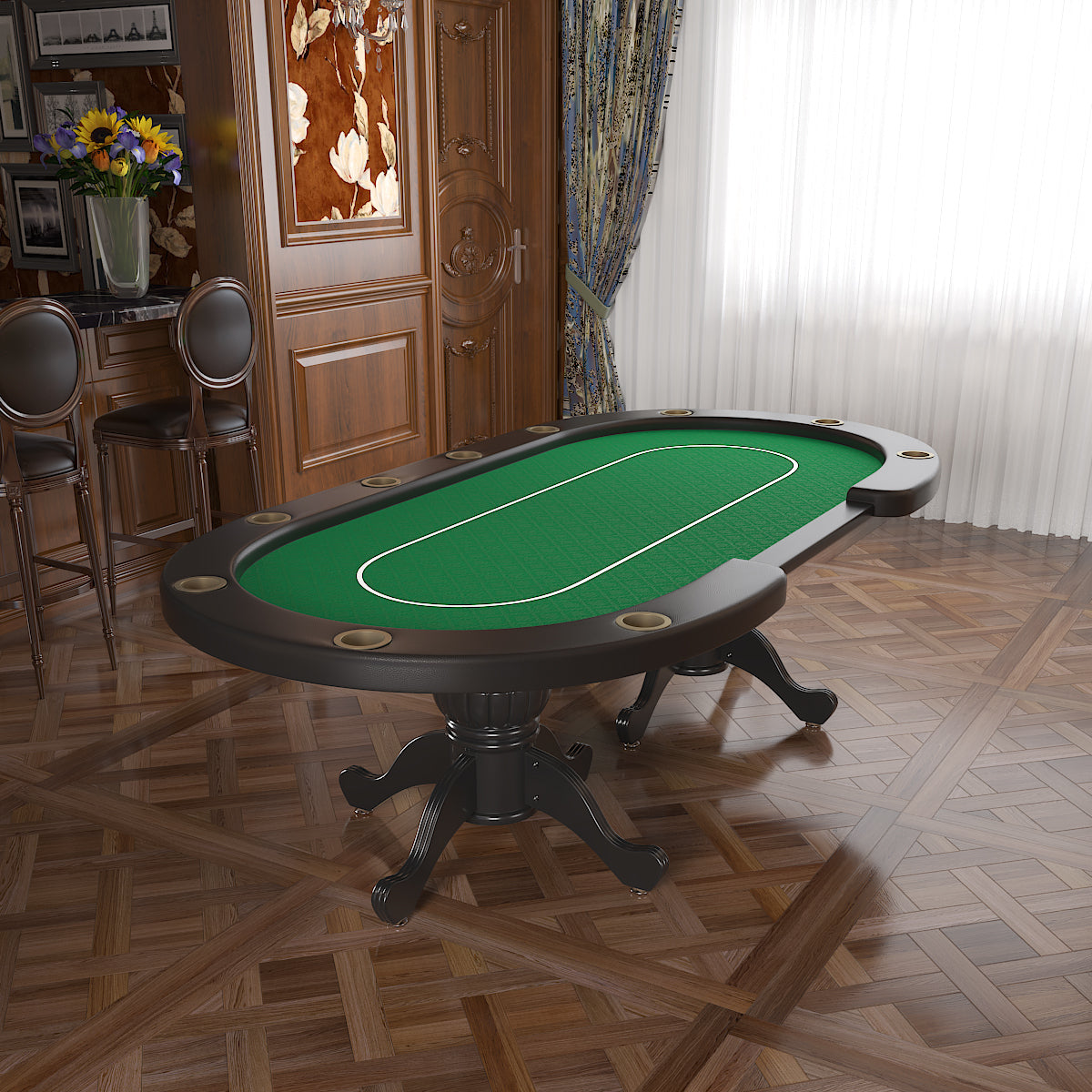 Poker Gaming Table – Wooden – Holdem Felt – 96-Inch Oval 10-Player Wooden Texas Hold'em Poker Table with Green Felt