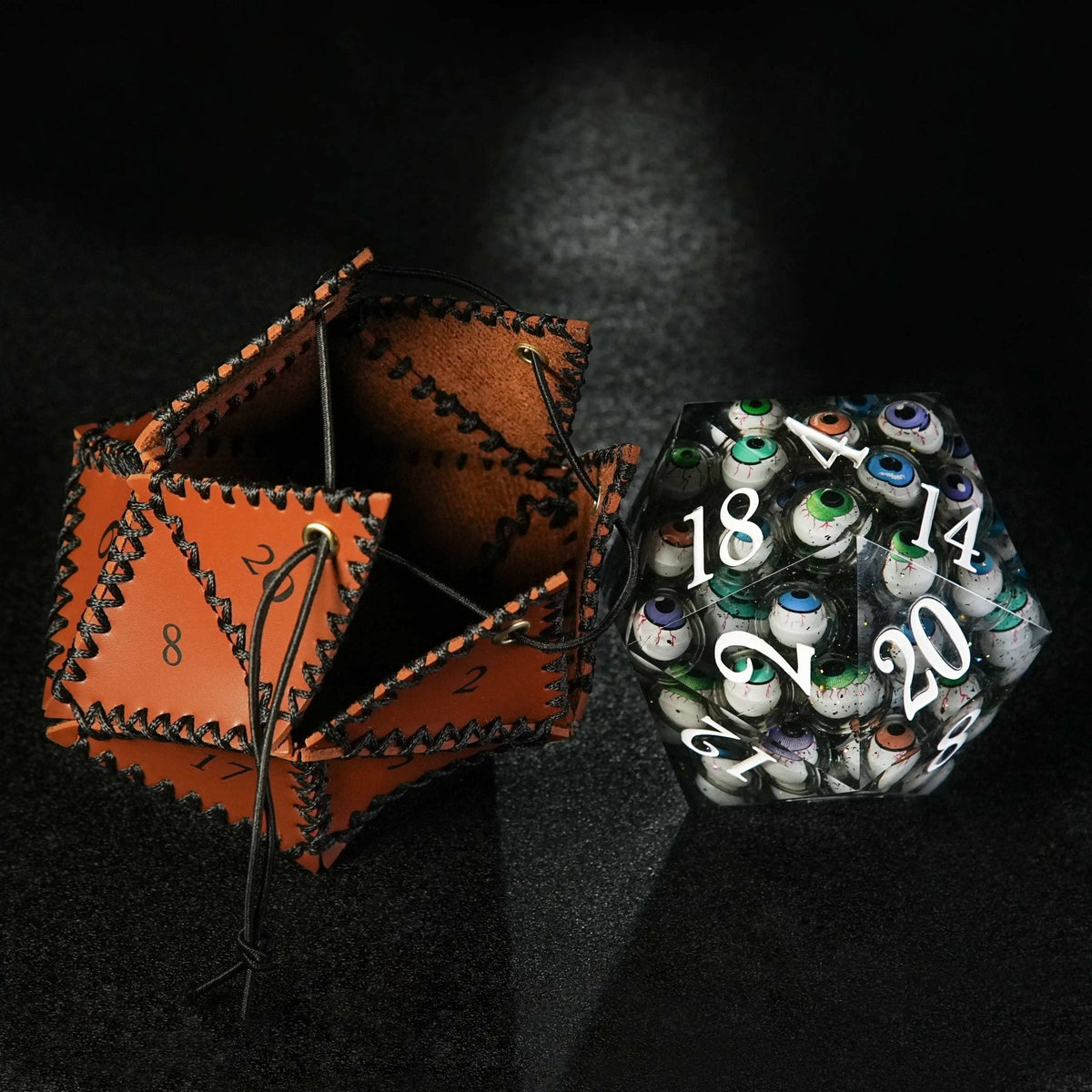 Polygon Dice Box – Leather – D20 Polygon Brown Leather Dice Drawstring Bag
