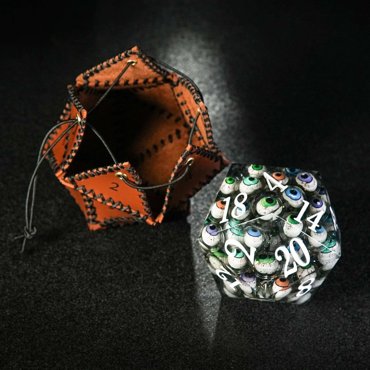 Polygon Dice Box – Leather – D20 Polygon Brown Leather Dice Drawstring Bag