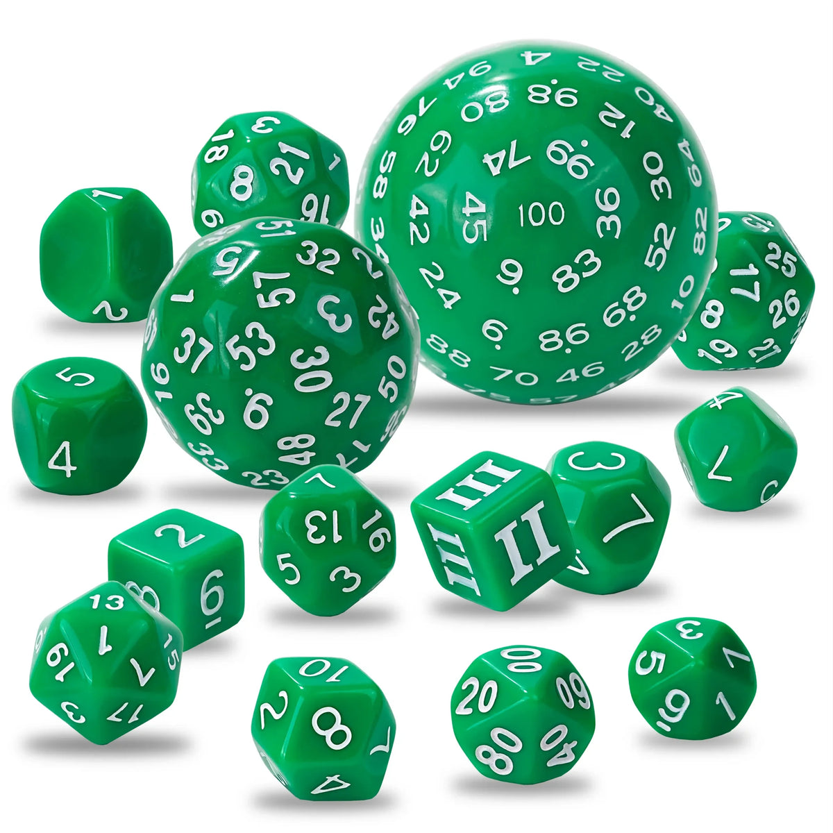Polyhedron Acrylic D100 Dice Set – D100 Dice Set - 15 Green Acrylic Polyhedron Dice
