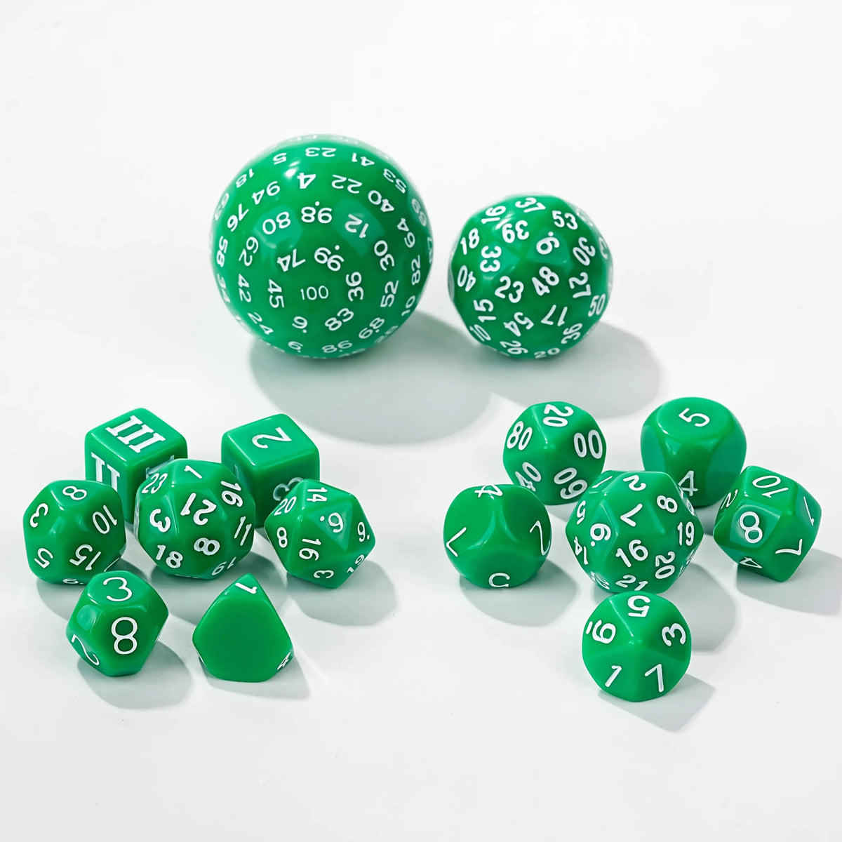 Polyhedron Acrylic D100 Dice Set – D100 Dice Set - 15 Green Acrylic Polyhedron Dice
