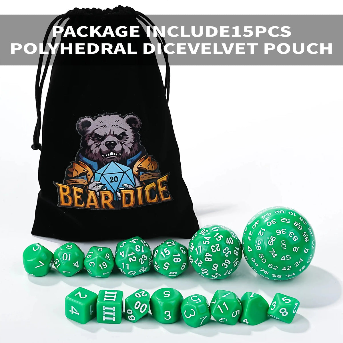Polyhedron Acrylic D100 Dice Set – D100 Dice Set - 15 Green Acrylic Polyhedron Dice