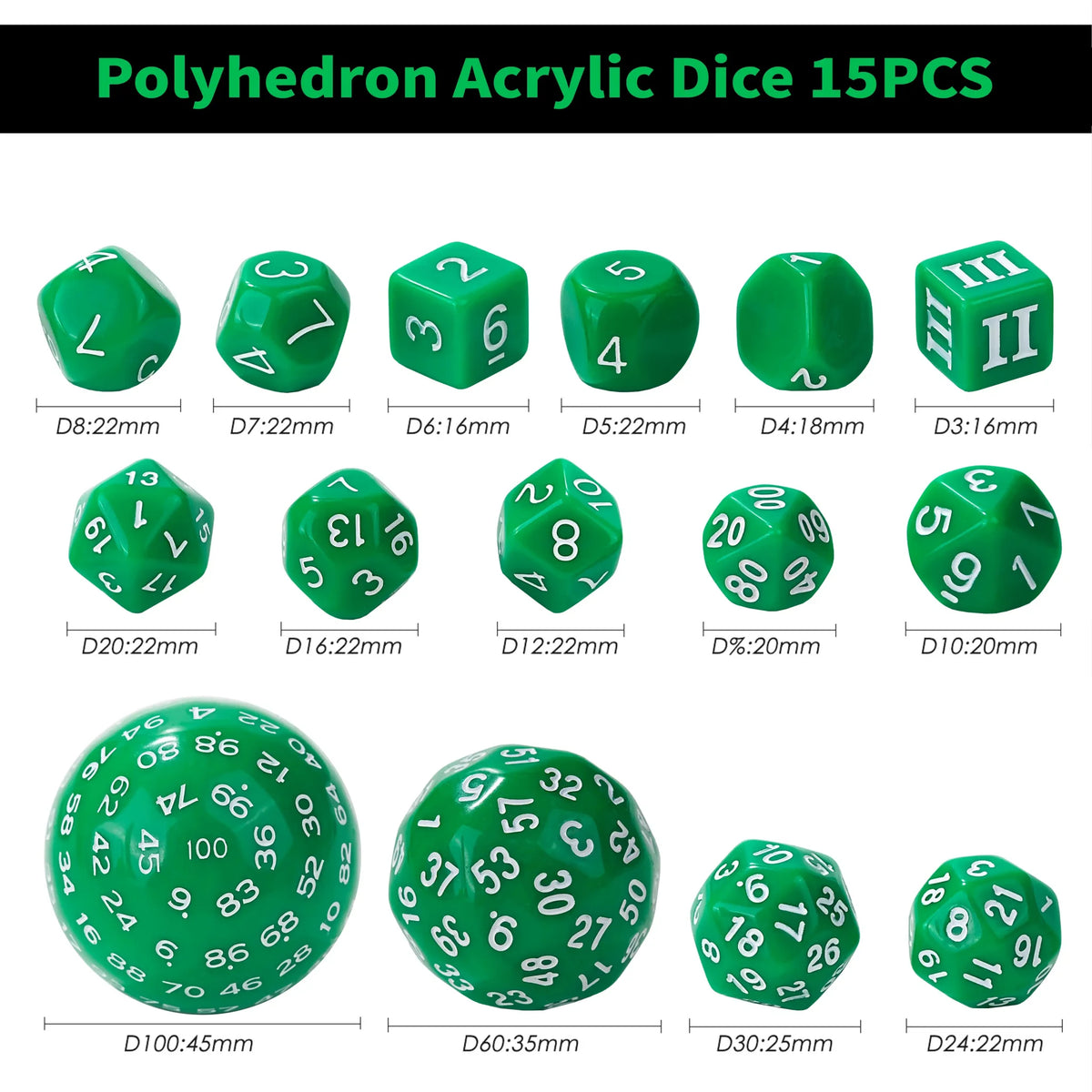 Polyhedron Acrylic D100 Dice Set – D100 Dice Set - 15 Green Acrylic Polyhedron Dice