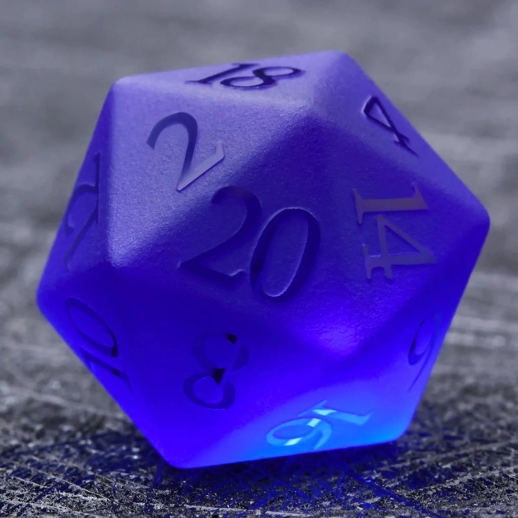 Polyhedron Frosted Gemstone DND Dice Set – Polyhedron Blue Glass Frosted Gem DND Dice Set + Transparent Font