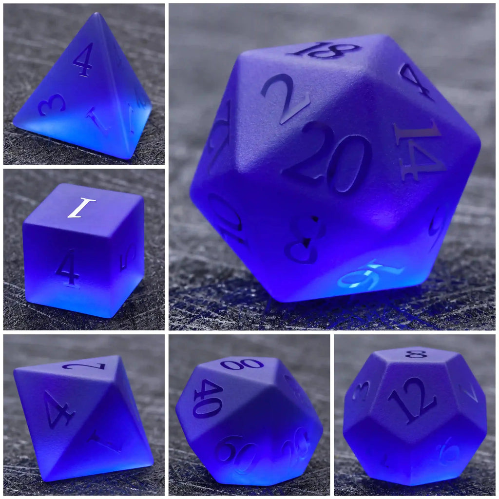 Polyhedron Frosted Gemstone DND Dice Set – Polyhedron Blue Glass Frosted Gem DND Dice Set + Transparent Font