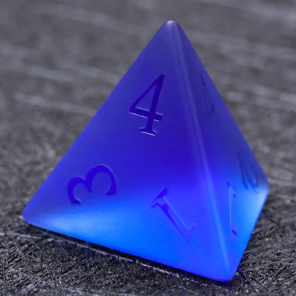 Polyhedron Frosted Gemstone DND Dice Set – Polyhedron Blue Glass Frosted Gem DND Dice Set + Transparent Font