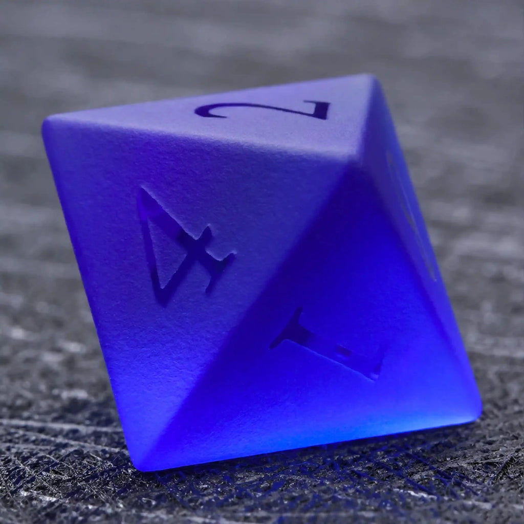 Polyhedron Frosted Gemstone DND Dice Set – Polyhedron Blue Glass Frosted Gem DND Dice Set + Transparent Font