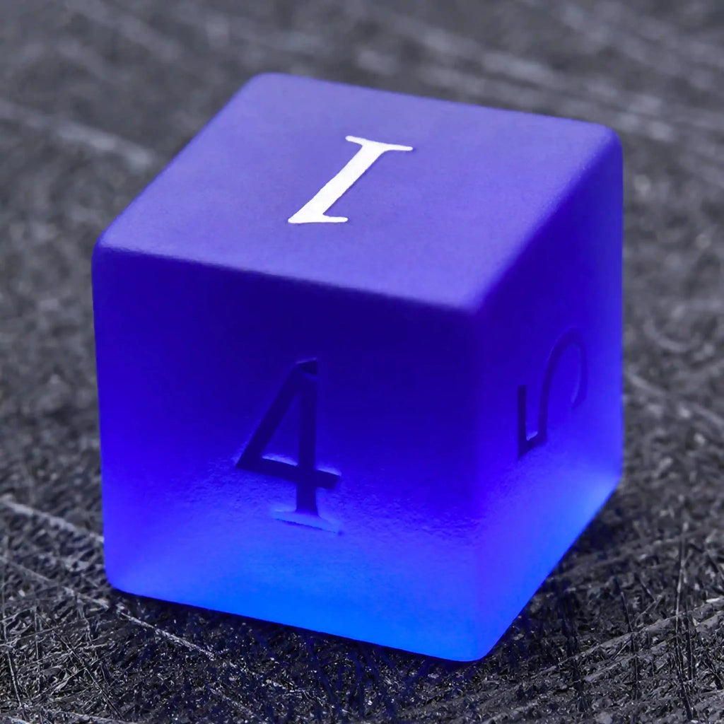 Polyhedron Frosted Gemstone DND Dice Set – Polyhedron Blue Glass Frosted Gem DND Dice Set + Transparent Font