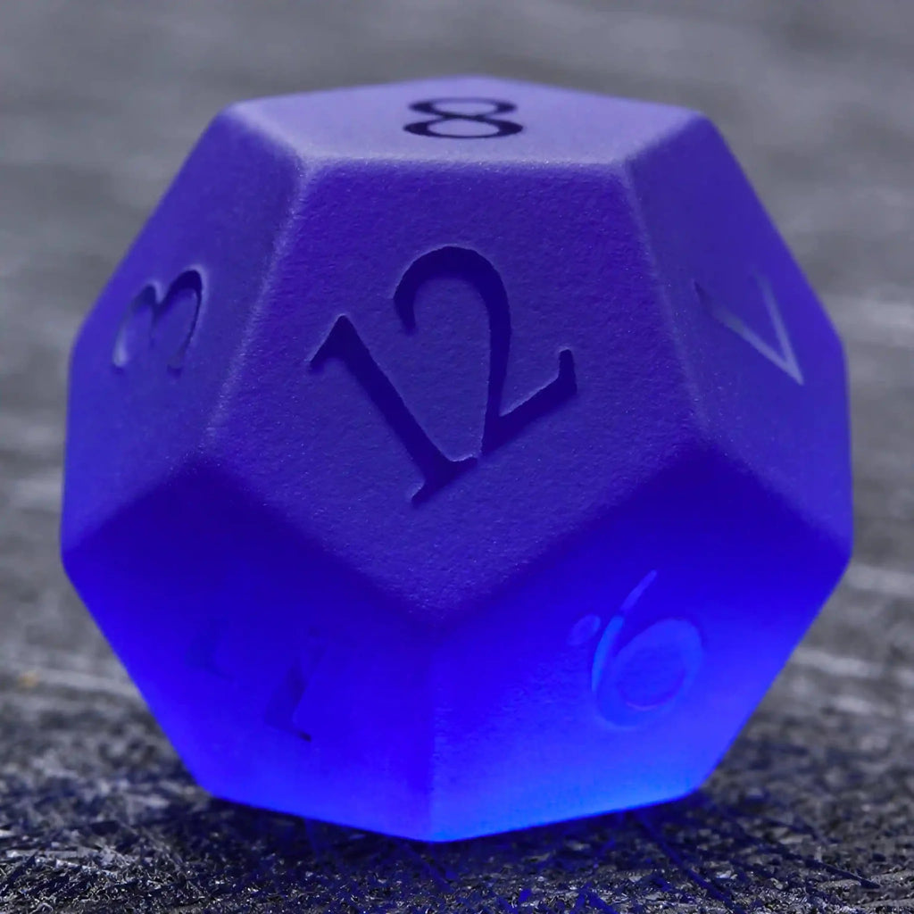 Polyhedron Frosted Gemstone DND Dice Set – Polyhedron Blue Glass Frosted Gem DND Dice Set + Transparent Font