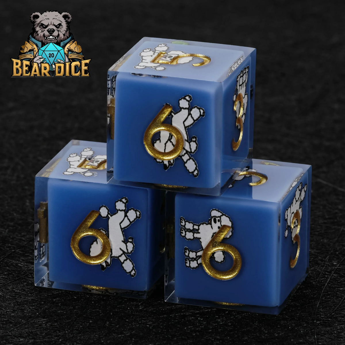 Poodle Resin D6 Die – Gold Numbers – Blue resin D6 dice with poodle design – 3D6 set stacked