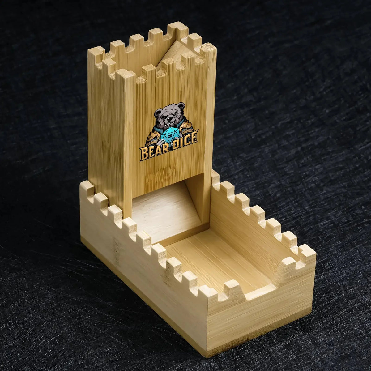 Portable Folding Dice Tower – Folding Design – Hand-polished wooden foldable gear-edge D&D dice tower with logo