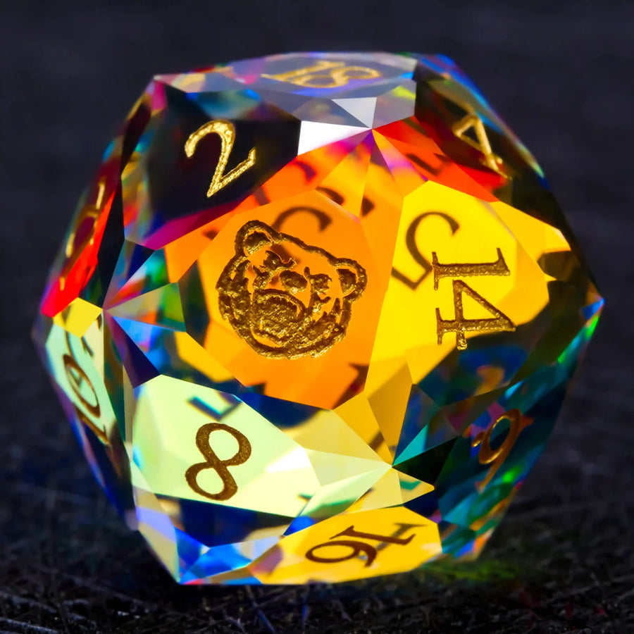 Prism Carved Gemstone DND Dice Set – Gold Numbers – Faceted Prism DND Glass Dice Set + Gold Font