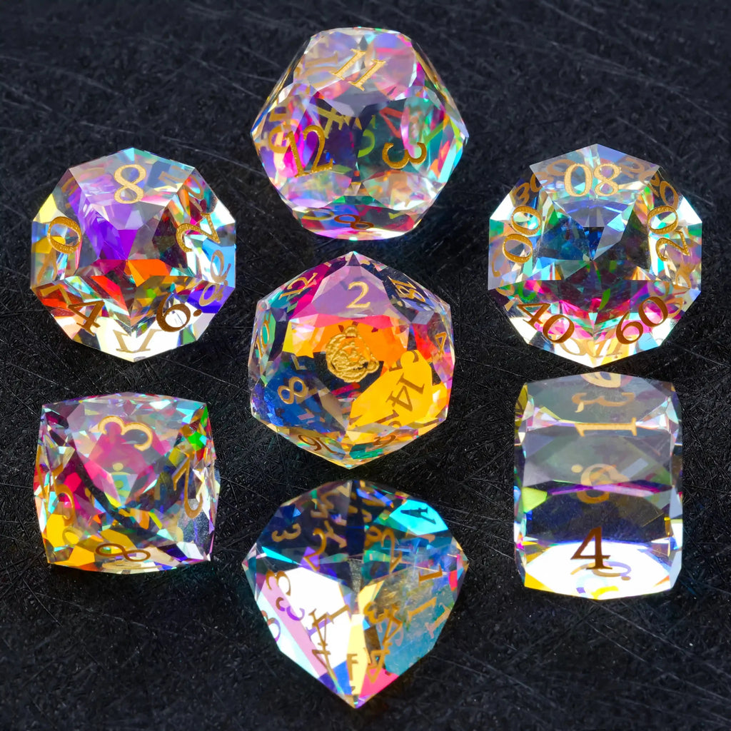 Prism Carved Gemstone DND Dice Set – Gold Numbers – Faceted Prism DND Glass Dice Set + Gold Font