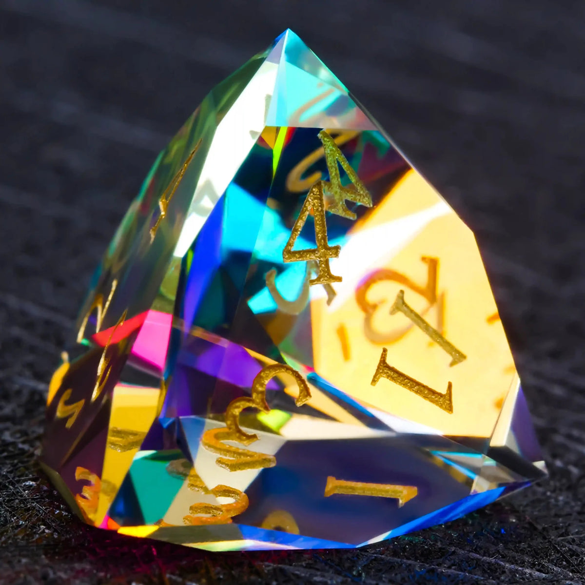 Prism Carved Gemstone DND Dice Set – Gold Numbers – Faceted Prism DND Glass Dice Set + Gold Font
