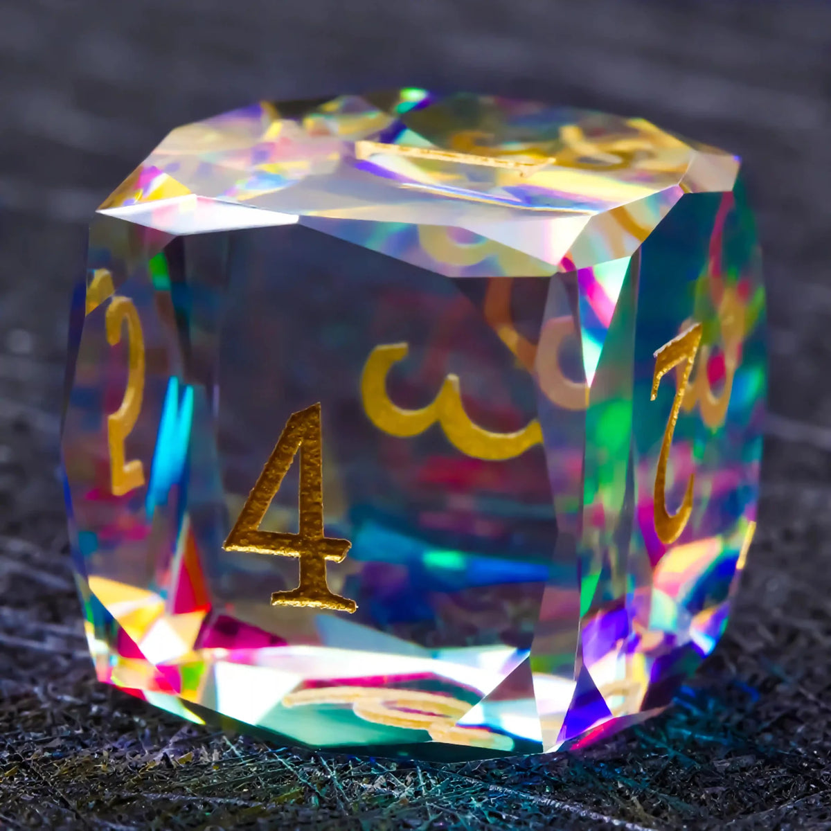 Prism Carved Gemstone DND Dice Set – Gold Numbers – Faceted Prism DND Glass Dice Set + Gold Font