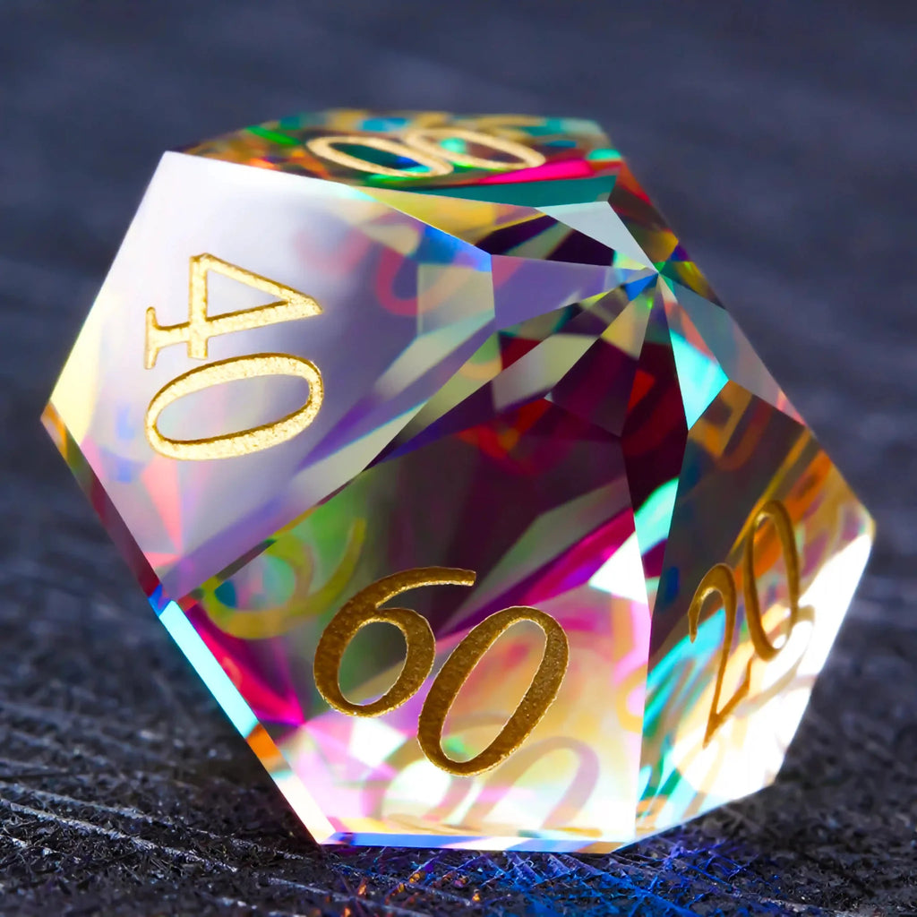 Prism Carved Gemstone DND Dice Set – Gold Numbers – Faceted Prism DND Glass Dice Set + Gold Font