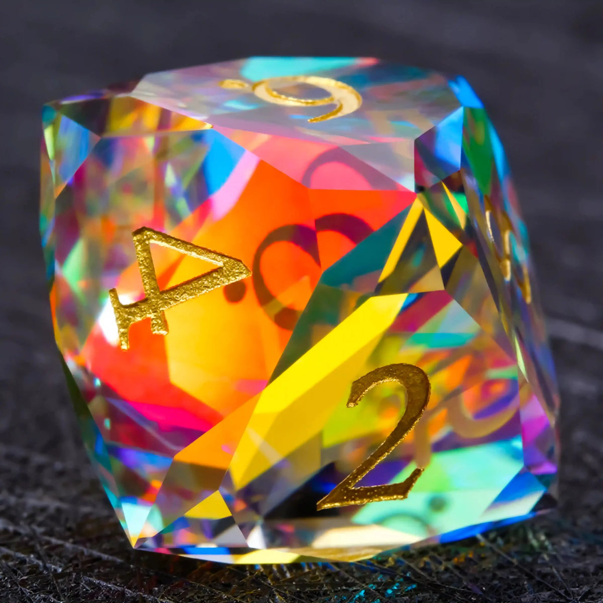 Prism Carved Gemstone DND Dice Set – Gold Numbers – Faceted Prism DND Glass Dice Set + Gold Font