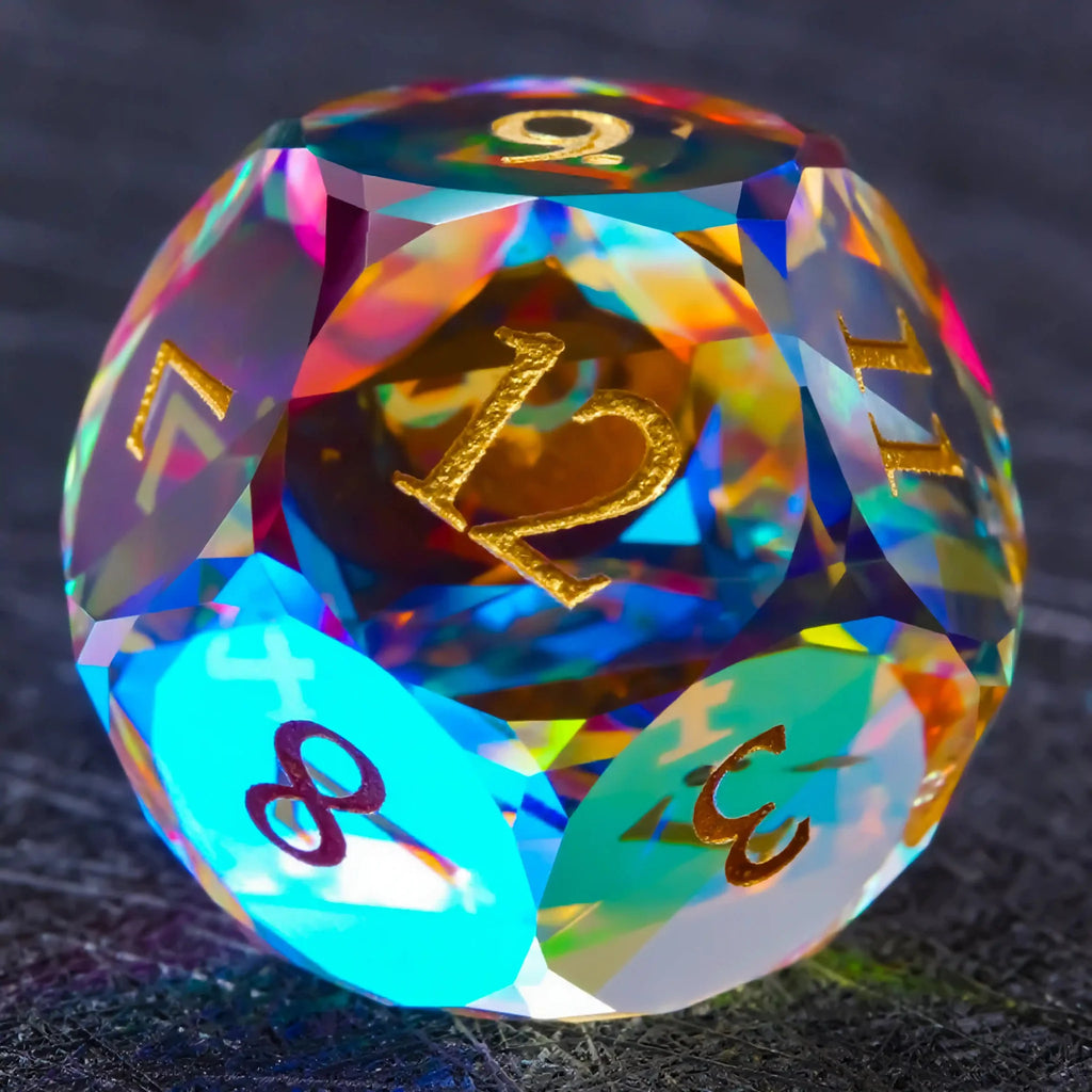 Prism Carved Gemstone DND Dice Set – Gold Numbers – Faceted Prism DND Glass Dice Set + Gold Font