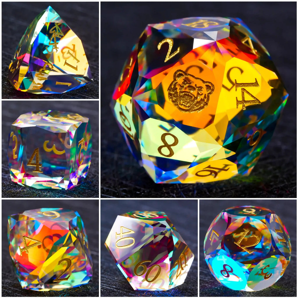 Prismatic Glass DND Dice Set – Faceted Prism DND Glass Dice Set + Gold Font